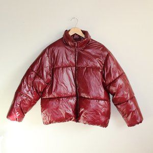 A New Day Wet Look Red Puffer Jacket Short Water Resistant - Berry
